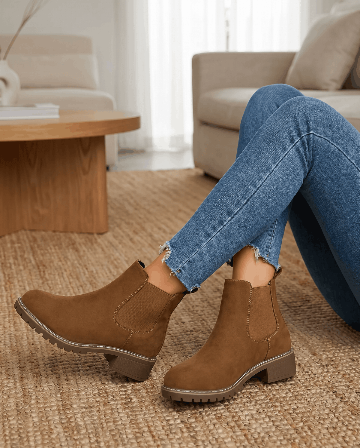 Brown vegan suede Chelsea boots with elastic side panels, a stacked block heel, and a durable lug outsole.