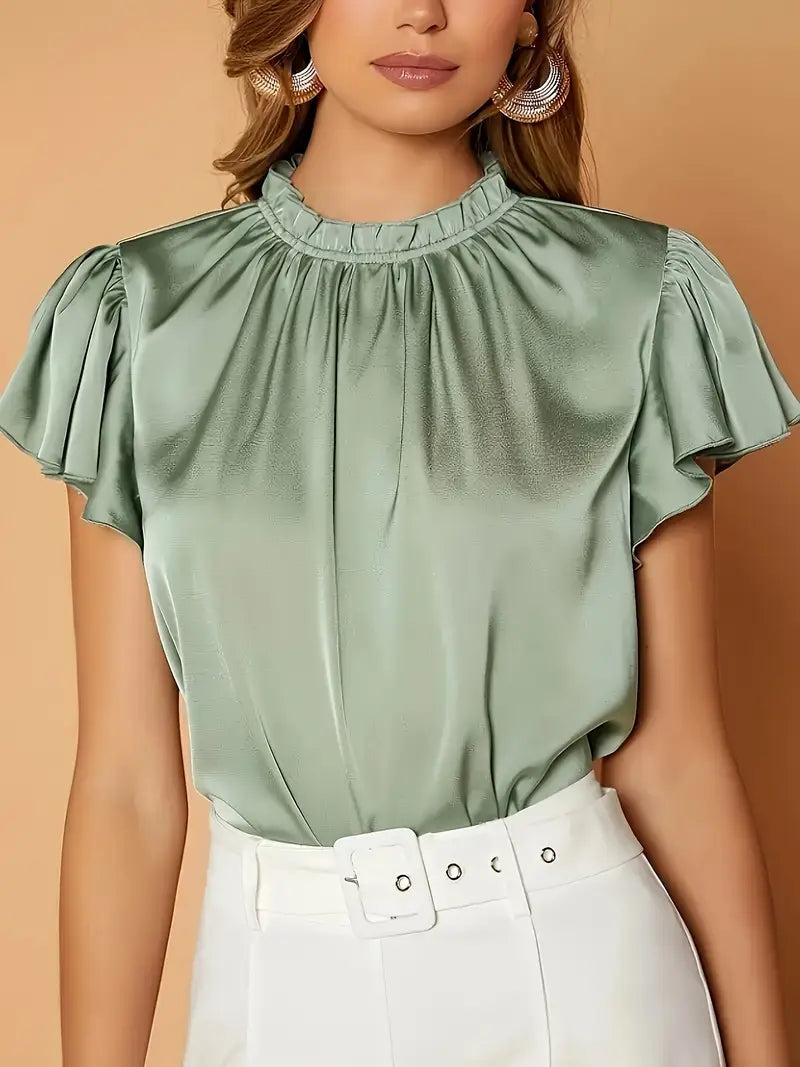 Camille Satin Drape Blouse – Stylish Puff Sleeve Top with Gathered Neck