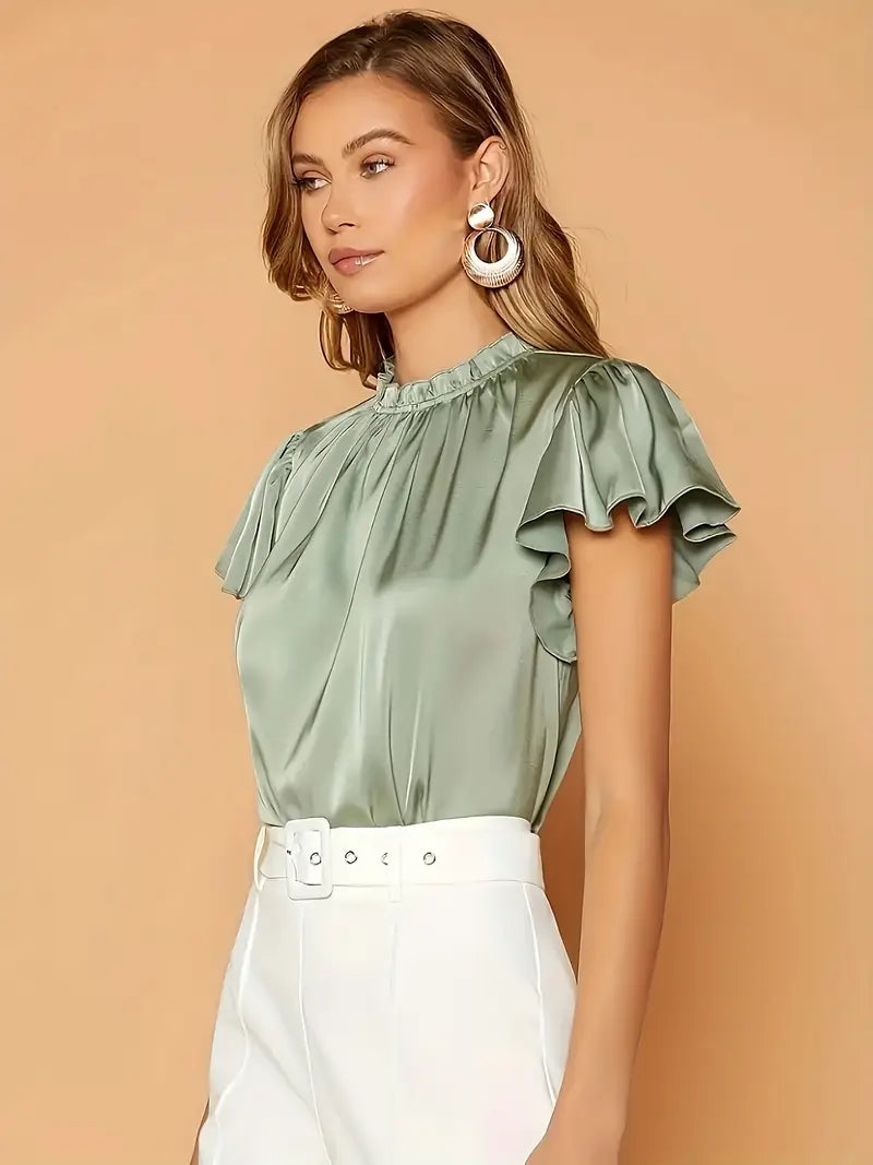 Camille Satin Drape Blouse – Stylish Puff Sleeve Top with Gathered Neck