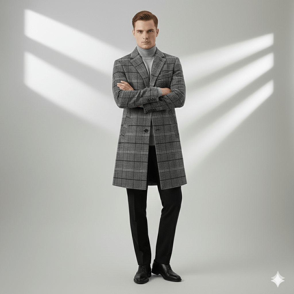 Aldric Men's Windowpane Wool Overcoat – Structured Mid-Length Design