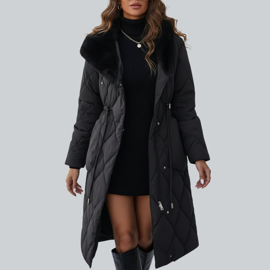 Briggitte Women's Quilted Long Winter Coat with Fur Collar & Adjustable Waist