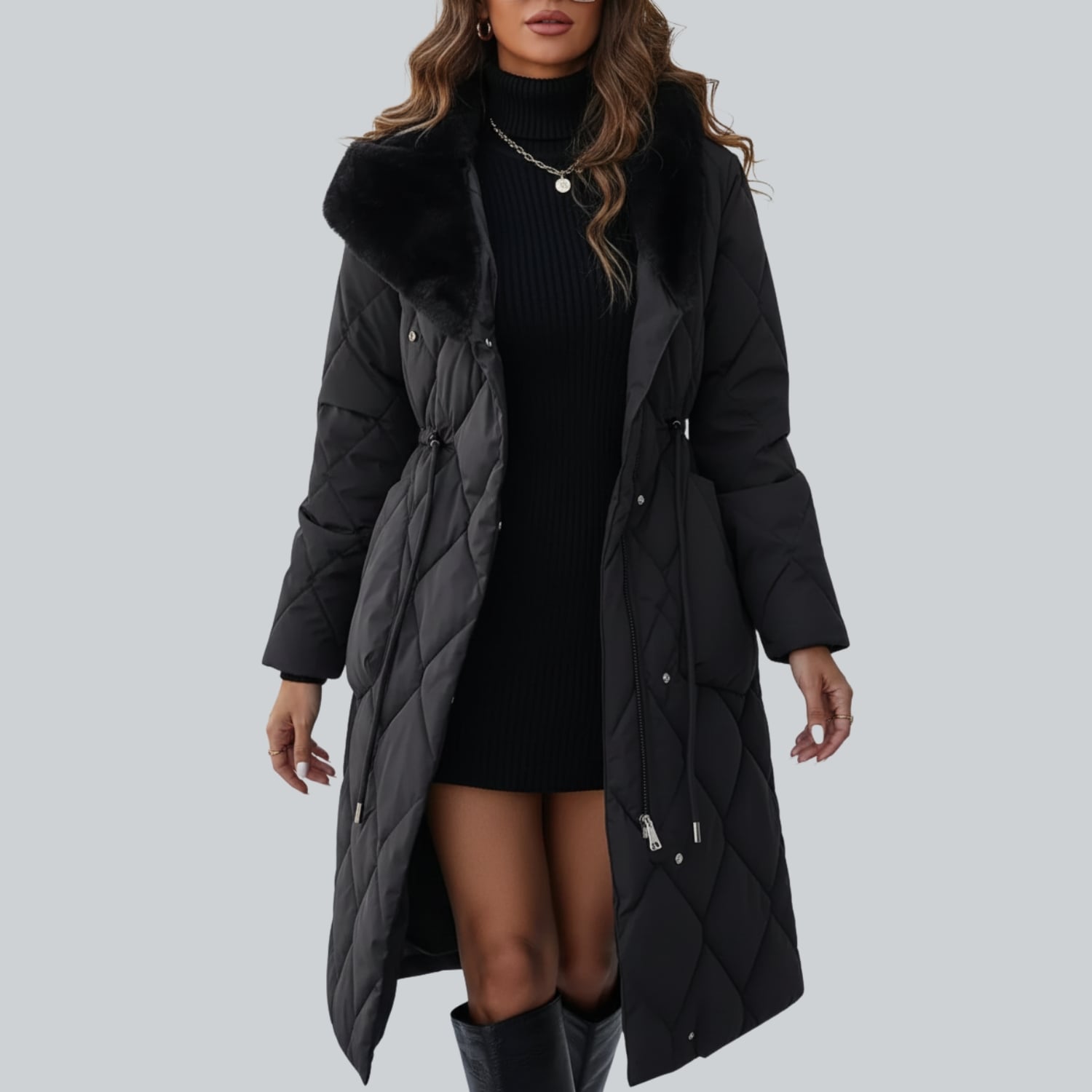 Briggitte Women's Quilted Long Winter Coat with Fur Collar & Adjustable Waist