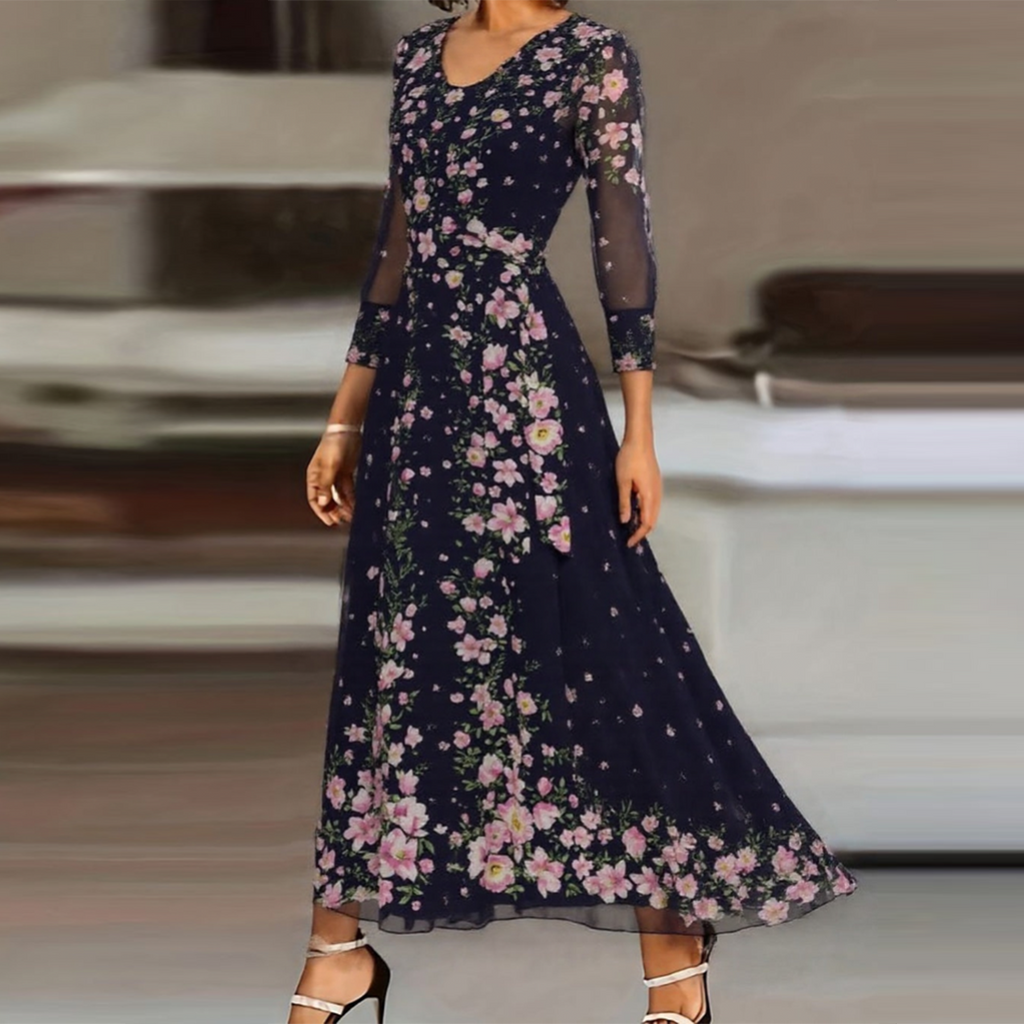 Celina Floral Maxi Dress – Elegant Flowing Sleeve with Deep Round Neckline