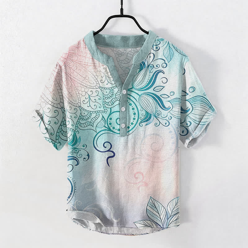 Armand Cotton Mandala Print Short Sleeve Shirt – Breathable Casual Henley Top