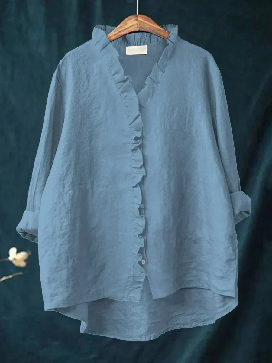 Briana Cotton Linen Blouse – Relaxed Ruffled Neckline Everyday Shirt