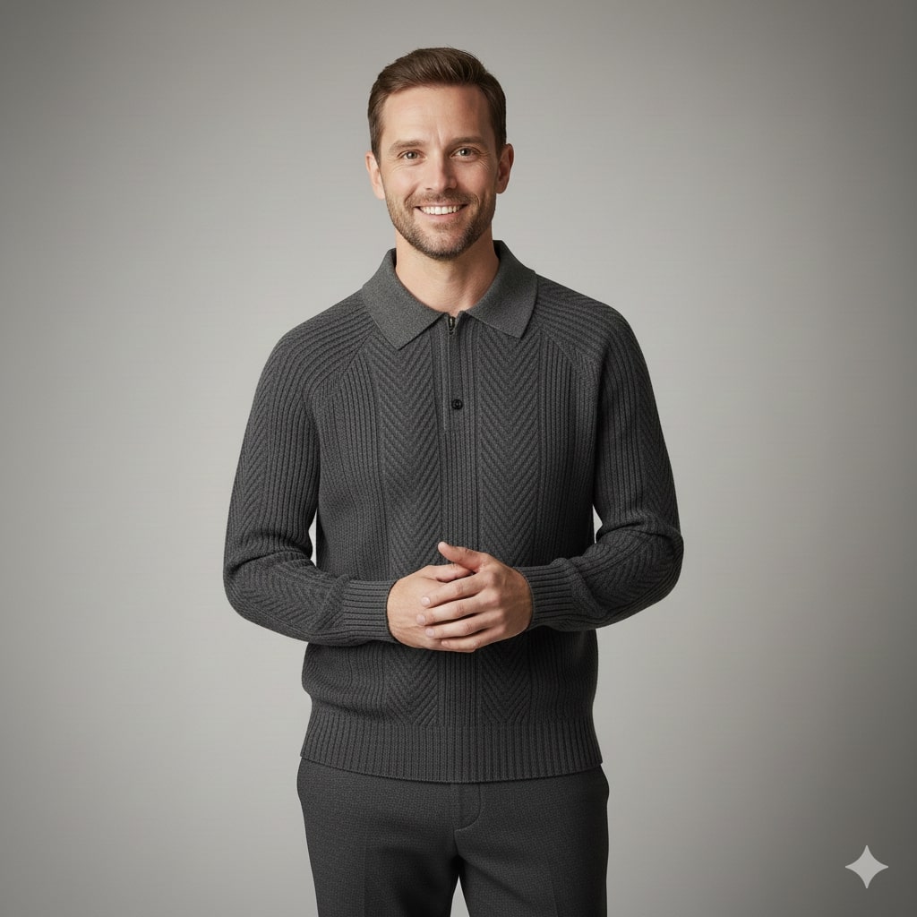 Franco Men's Herringbone Knit Polo Sweater with Structured Collar Pullover