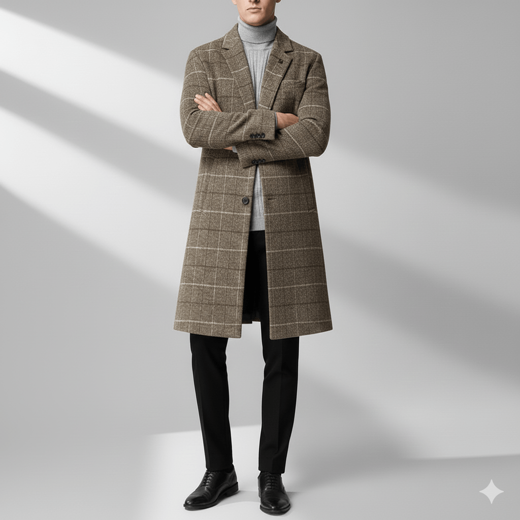 Aldric Men's Windowpane Wool Overcoat – Structured Mid-Length Design