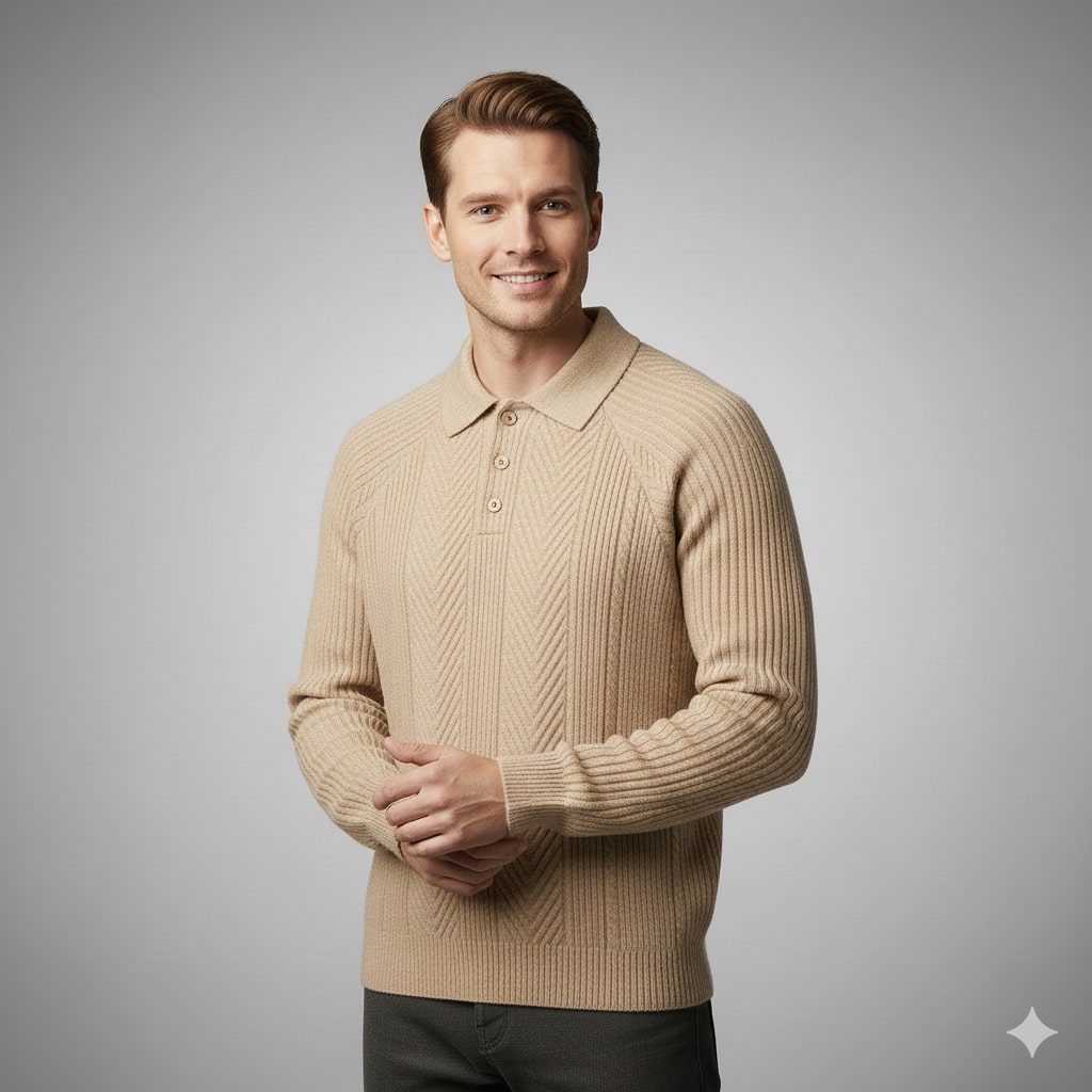 Franco Men's Herringbone Knit Polo Sweater with Structured Collar Pullover