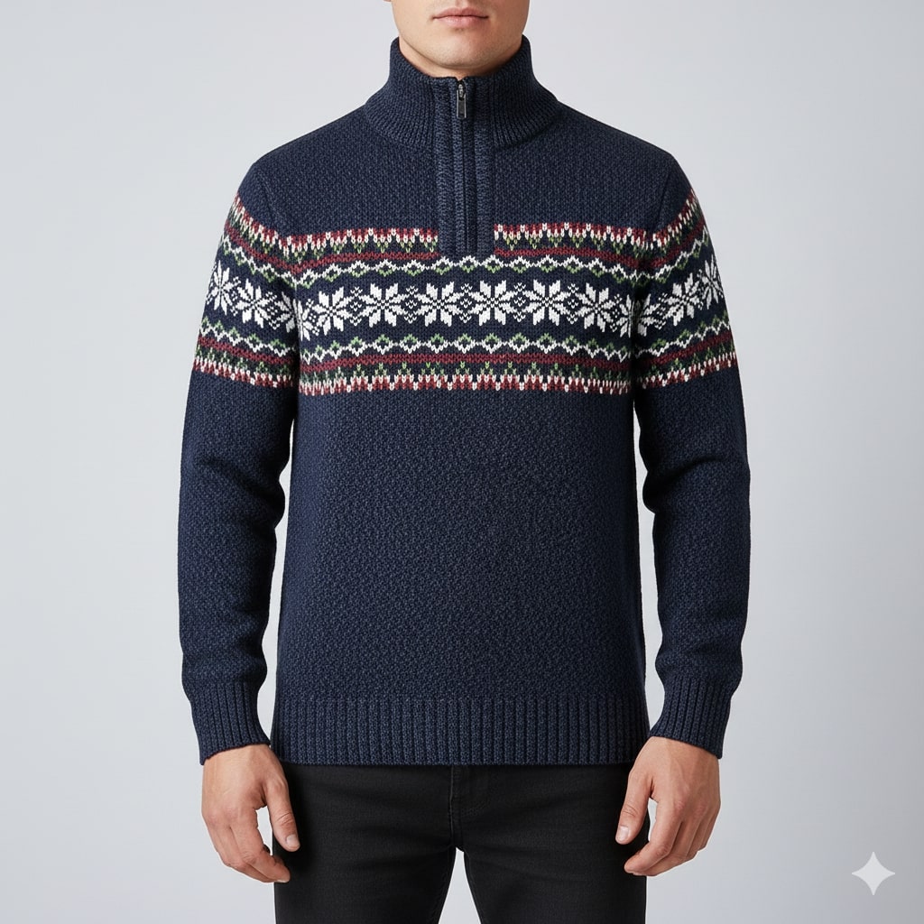 Cris Men's Wool-Blend Quarter-Zip Christmas Sweater with Festive Pattern