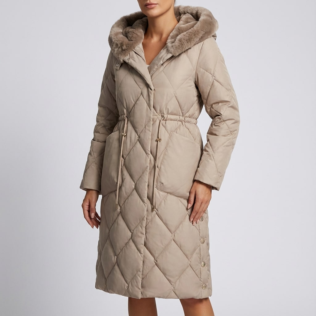 Briggitte Women's Quilted Long Winter Coat with Fur Collar & Adjustable Waist