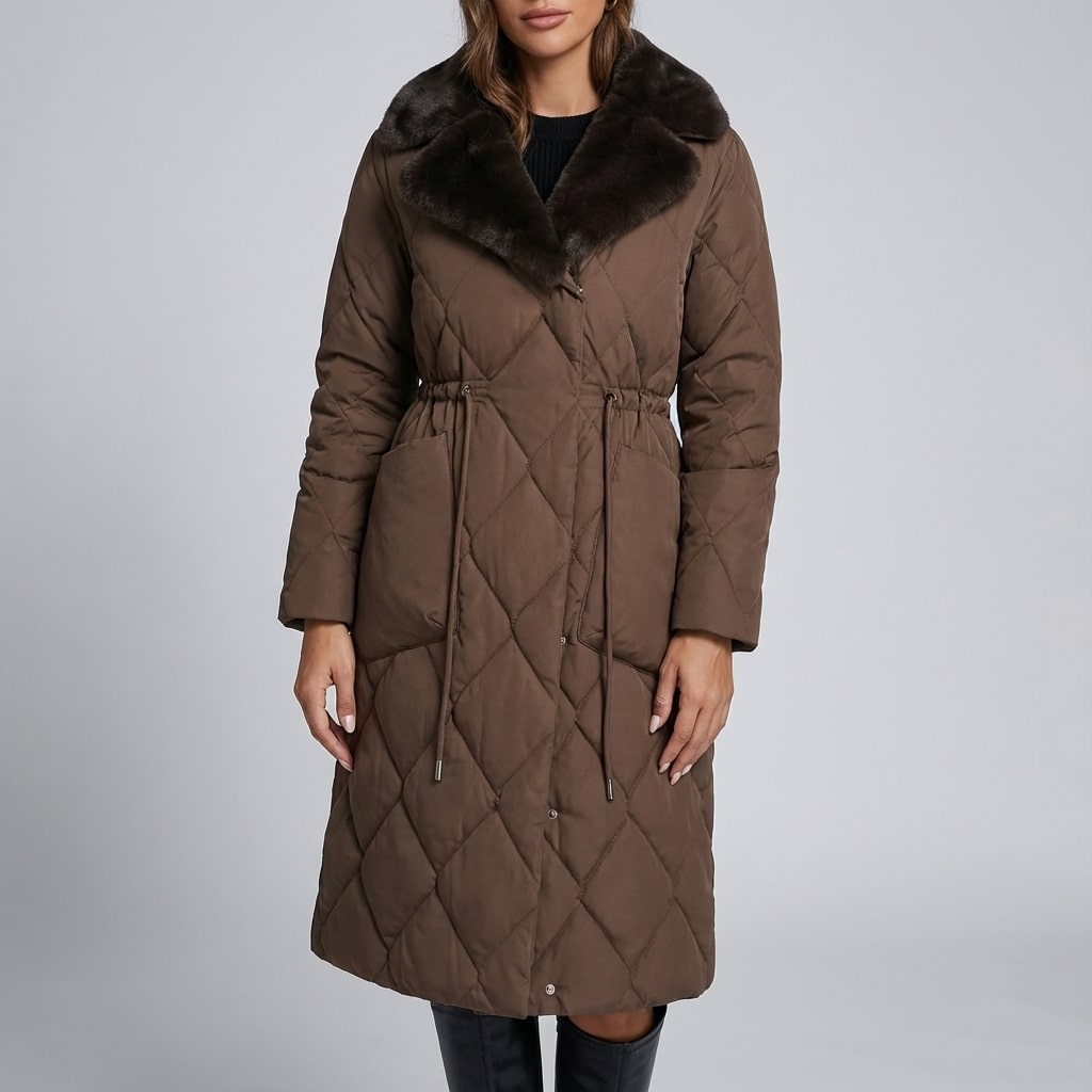 Briggitte Women's Quilted Long Winter Coat with Fur Collar & Adjustable Waist