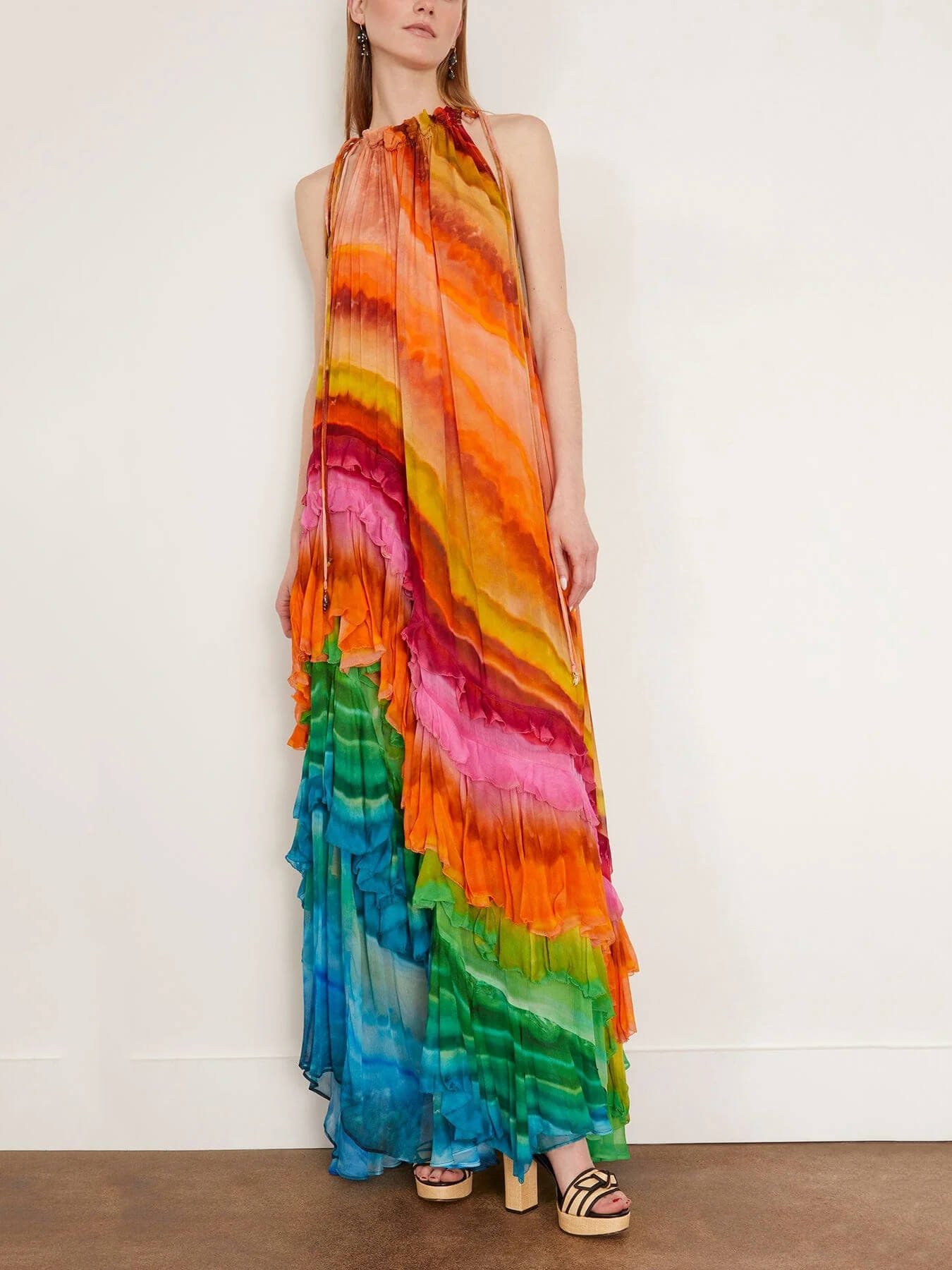 Iris Tie Dye Ruffle Gown – Halter Neck Multicolored Georgette Maxi Dress