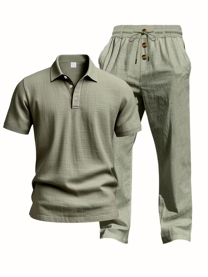 Thomas Textured Linen Polo Set – Relaxed Fit Drawstring Wide-Leg Loungewear