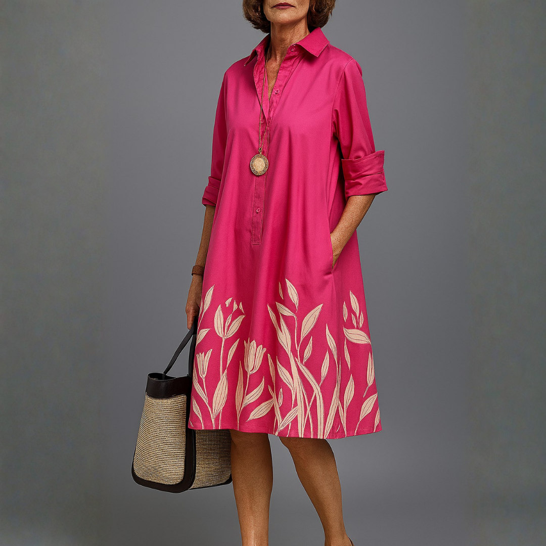 Edelyn A-Line Button Down Shirt Dress – Tulip Border Print Summer Midi Dress