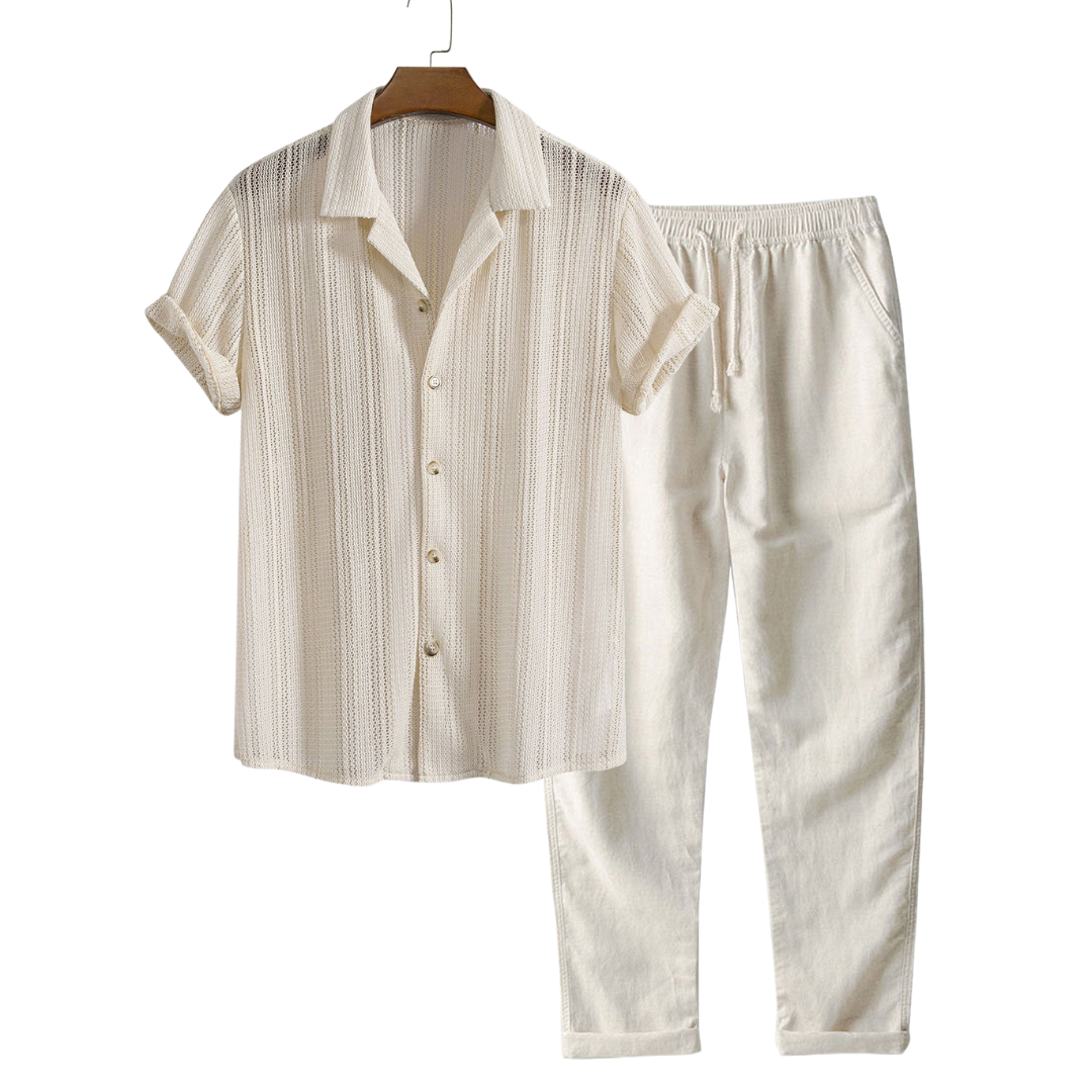 Caleb Men's Casual Summer Shirt Set – Textured Cotton Blend for Relaxed Style