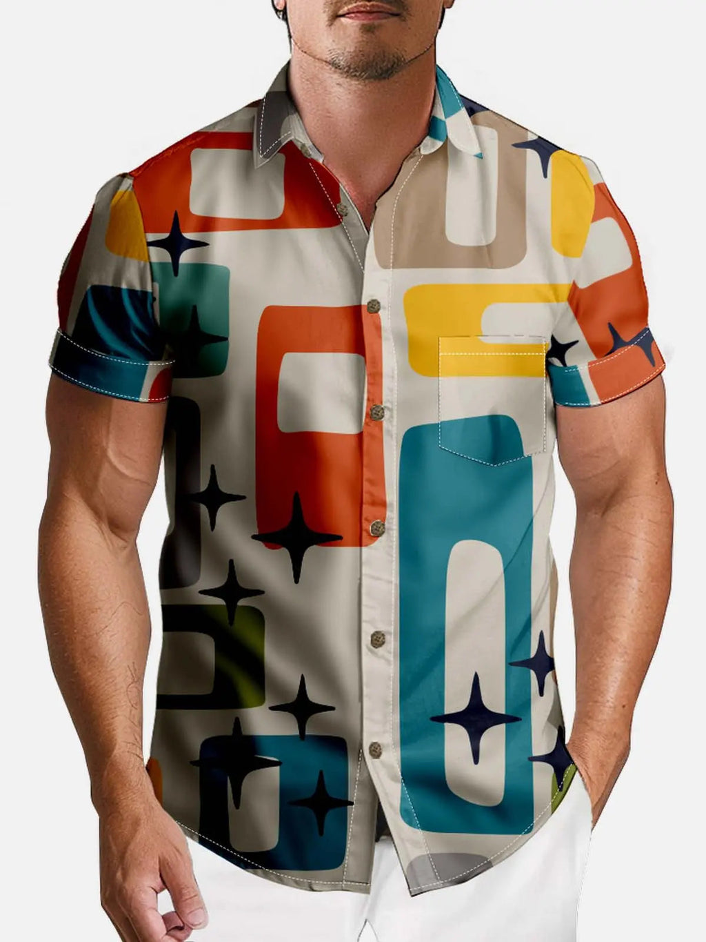 Atlas Retro Atomic Print Short Sleeve Shirt Lightweight Button Down Casual Top