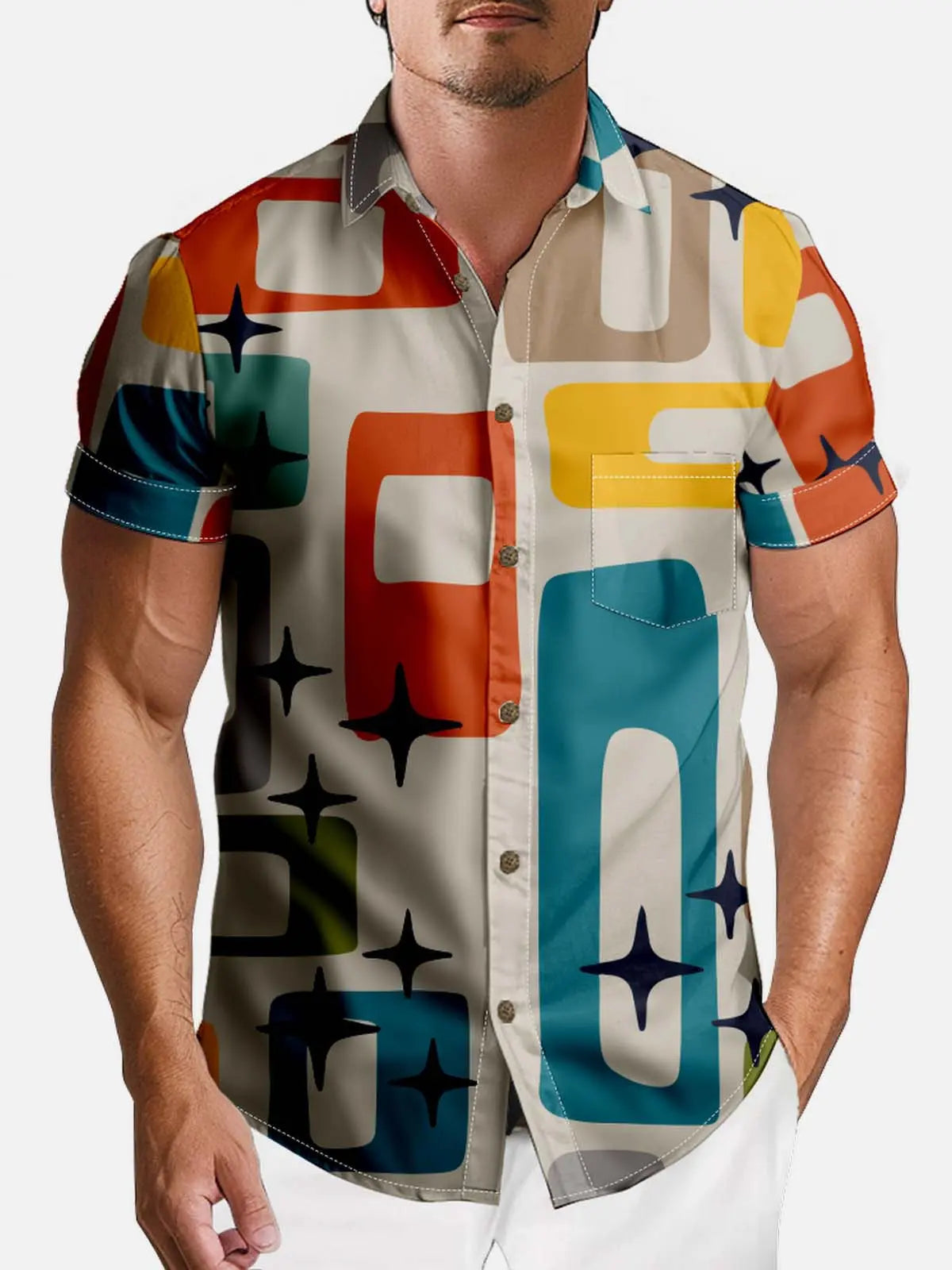 Atlas Retro Atomic Print Short Sleeve Shirt Lightweight Button Down Casual Top