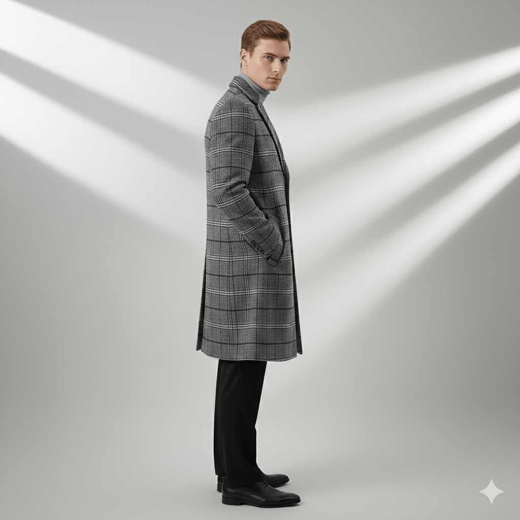 Aldric Men's Windowpane Wool Overcoat – Structured Mid-Length Design