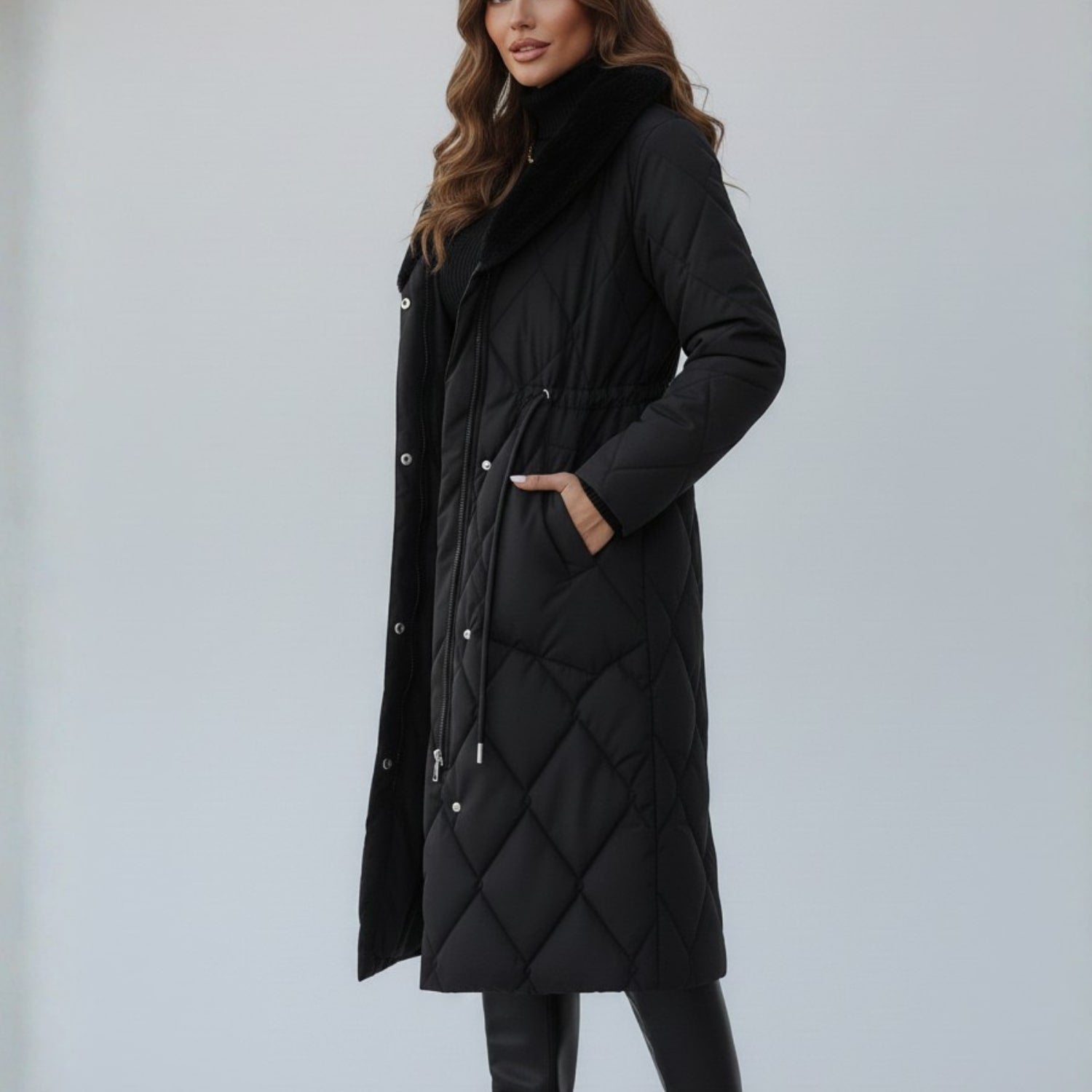 Briggitte Women's Quilted Long Winter Coat with Fur Collar & Adjustable Waist