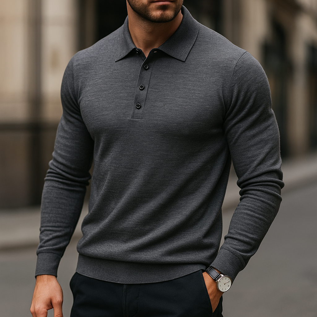 Darian Men's Classic Long Sleeve Merino Wool Polo Sweater