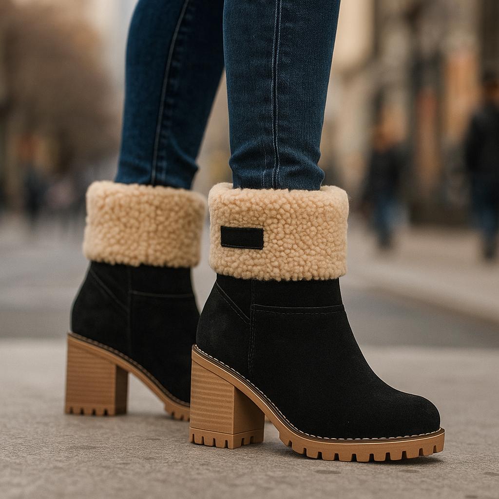 Avery Women's Suede Ankle Boots – Cozy Fur-Lined Block Heel