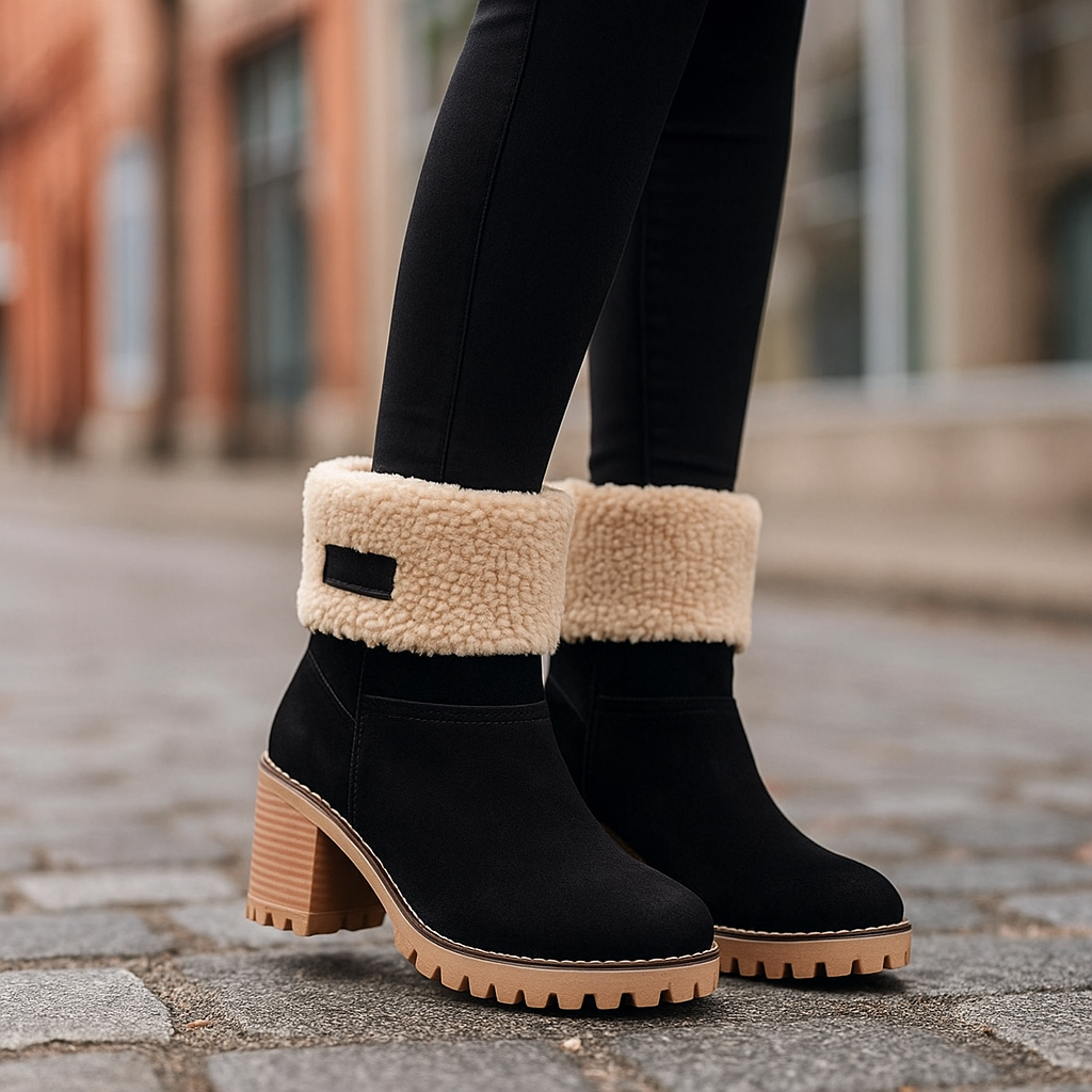 Avery Women's Suede Ankle Boots – Cozy Fur-Lined Block Heel