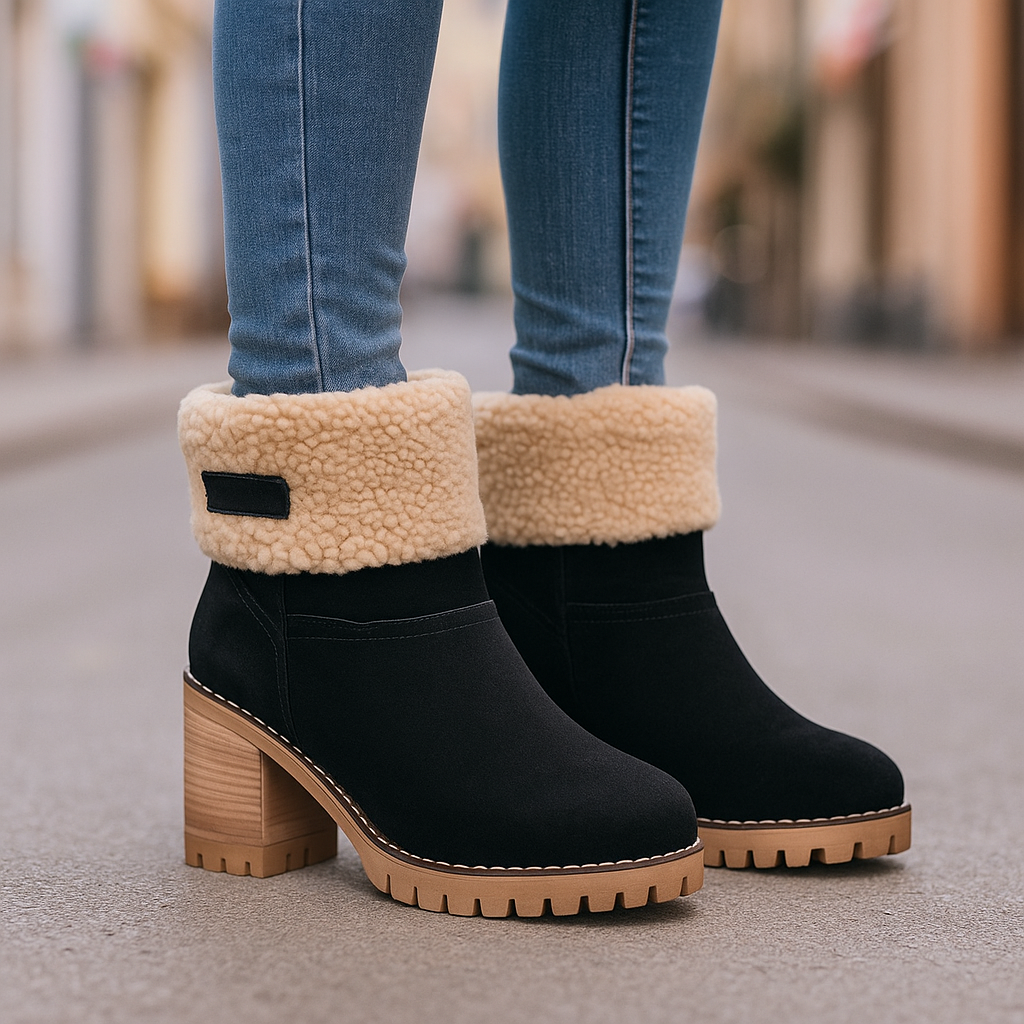 Avery Women's Suede Ankle Boots – Cozy Fur-Lined Block Heel