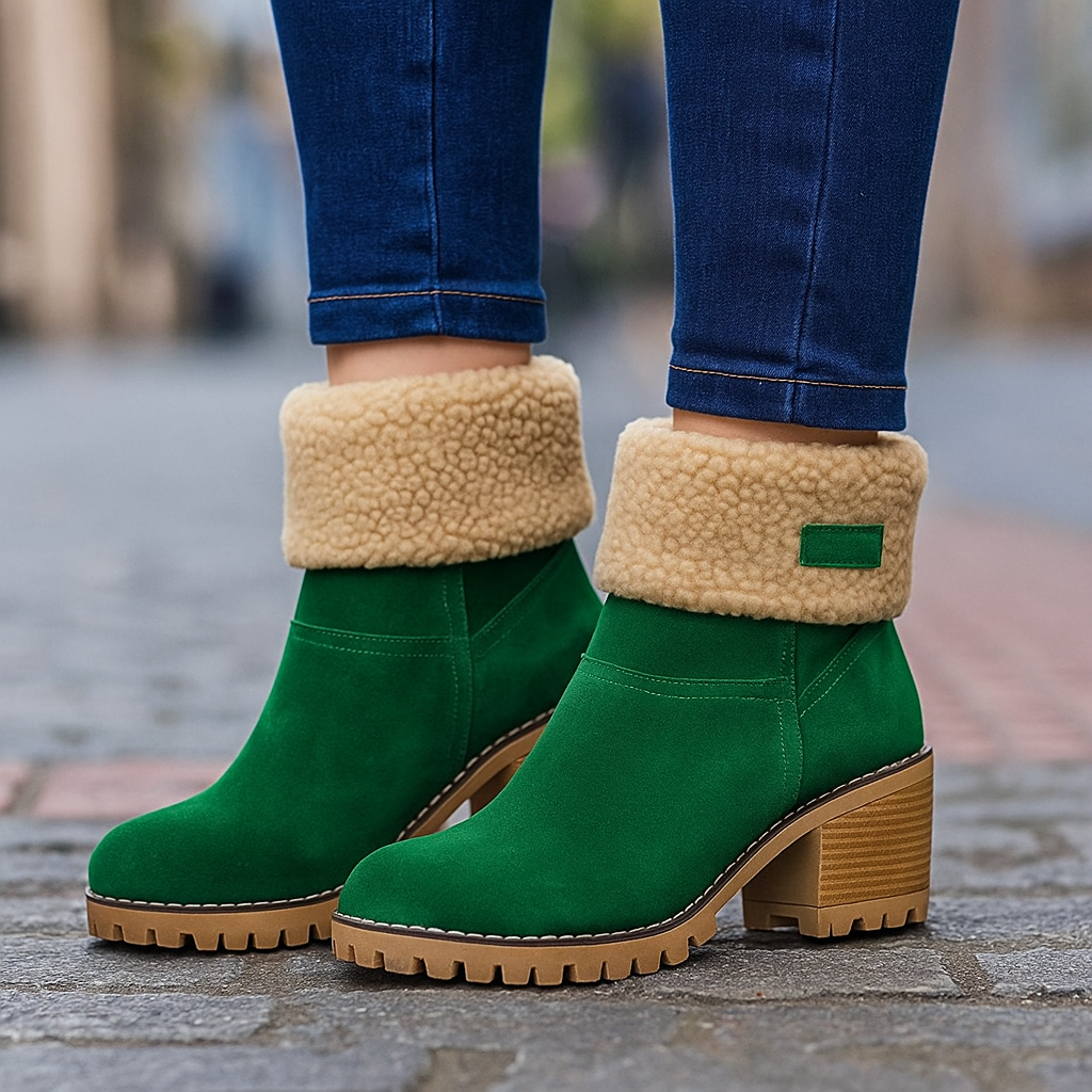 Avery Women's Suede Ankle Boots – Cozy Fur-Lined Block Heel