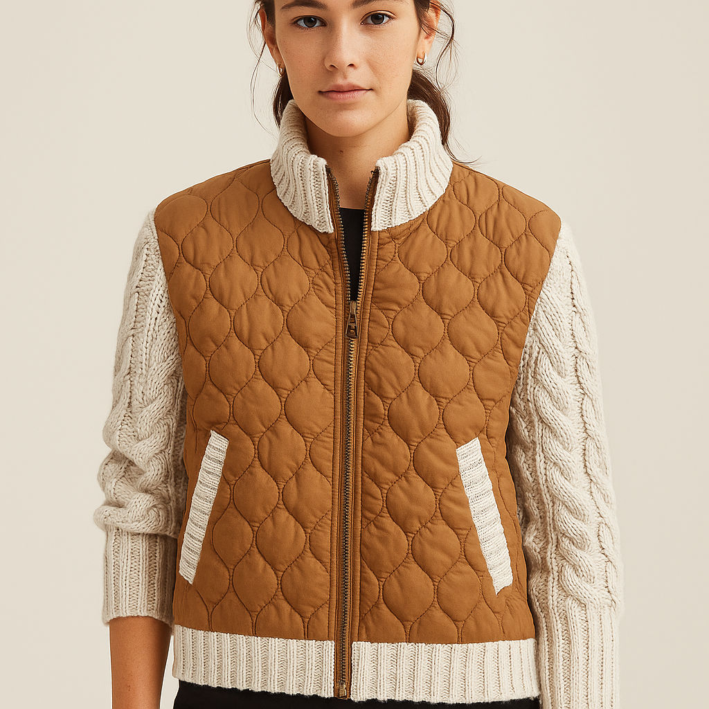 Anne Women's Quilted Jacket – Textured Knit Sleeves with Zip-Up Closure