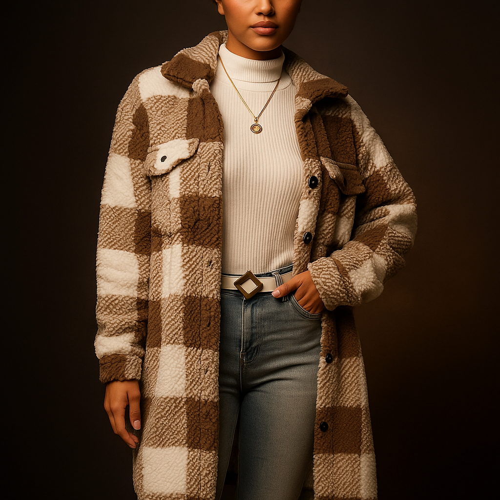 Charlotte Women's Fleece Overcoat – Cozy Checkered Winter Jacket for Layering