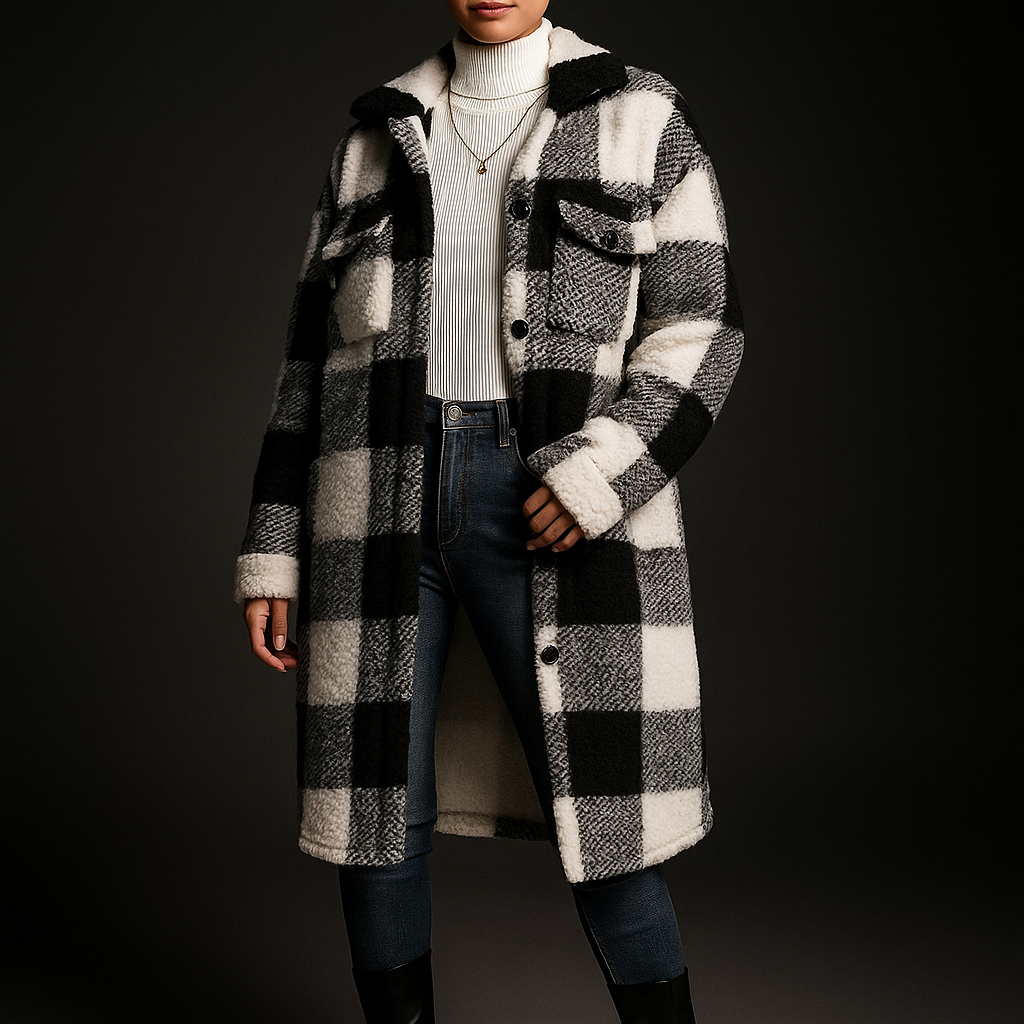 Charlotte Women's Fleece Overcoat – Cozy Checkered Winter Jacket for Layering