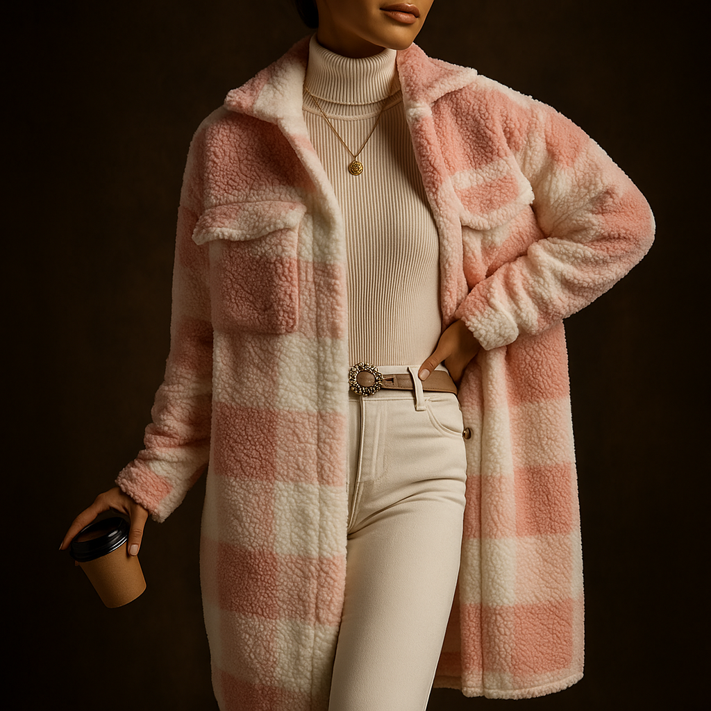 Charlotte Women's Fleece Overcoat – Cozy Checkered Winter Jacket for Layering