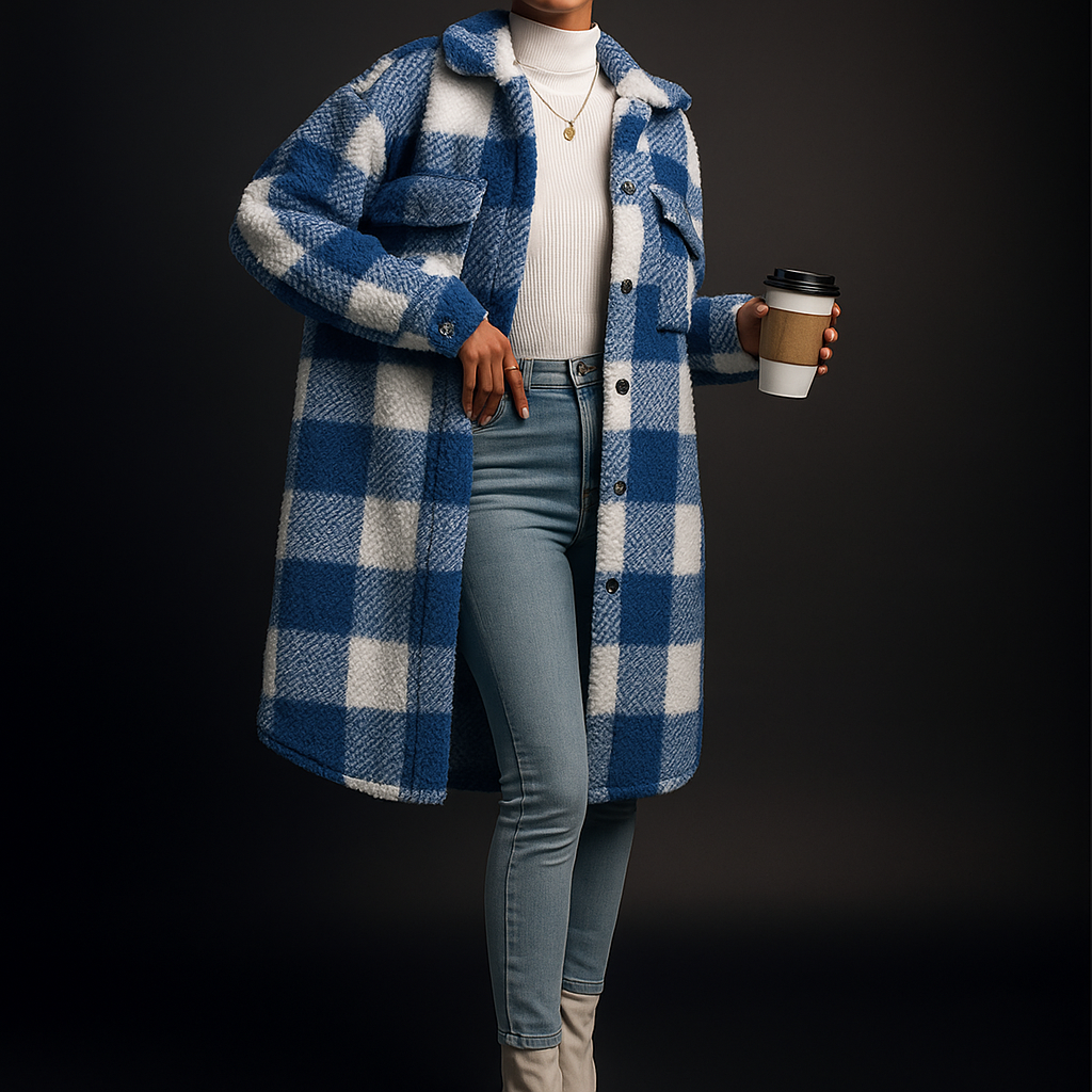 Charlotte Women's Fleece Overcoat – Cozy Checkered Winter Jacket for Layering