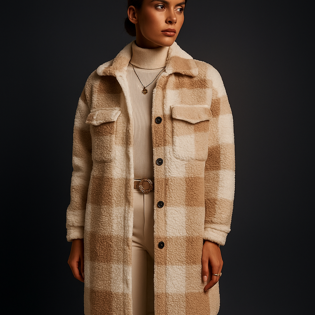 Charlotte Women's Fleece Overcoat – Cozy Checkered Winter Jacket for Layering