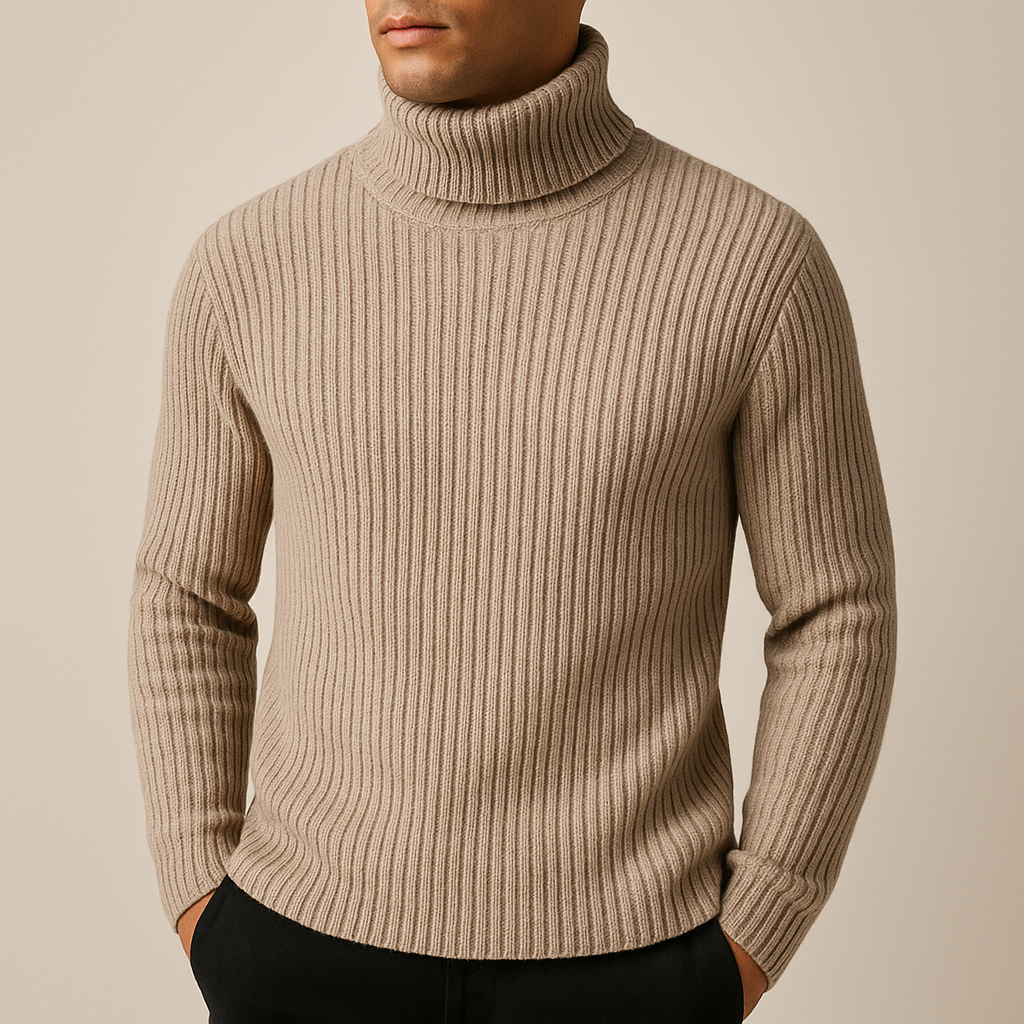 Arnelio Men's Thick Ribbed Knit Turtleneck Sweater with Structured Collar