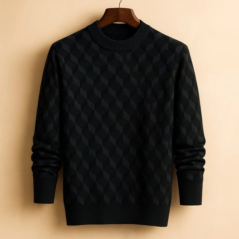 Gianluca Men's Geometric Knit Sweater – Soft Patterned Crew Neck with Ribbed Detailing