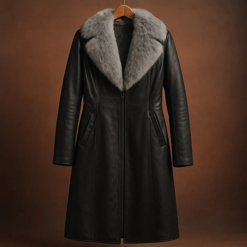 Catherine Women's Longline Leather Jacket with Fur Trim Collar & Belted Waist
