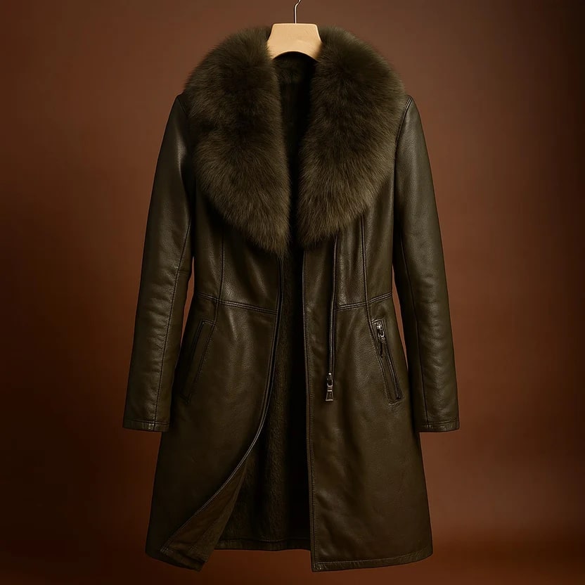 Catherine Women's Longline Leather Jacket with Fur Trim Collar & Belted Waist