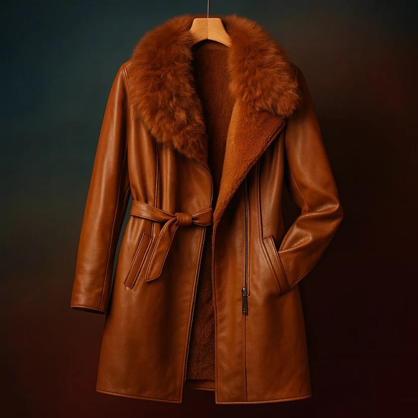 Catherine Women's Longline Leather Jacket with Fur Trim Collar & Belted Waist