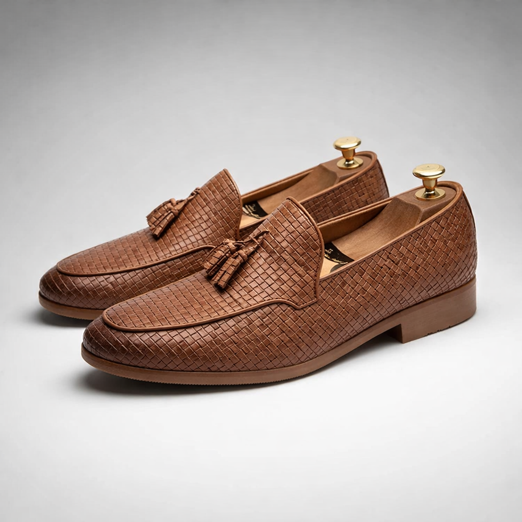 Alessio Men's Woven Leather Tassel Loafers – Slip-On Dress Shoes