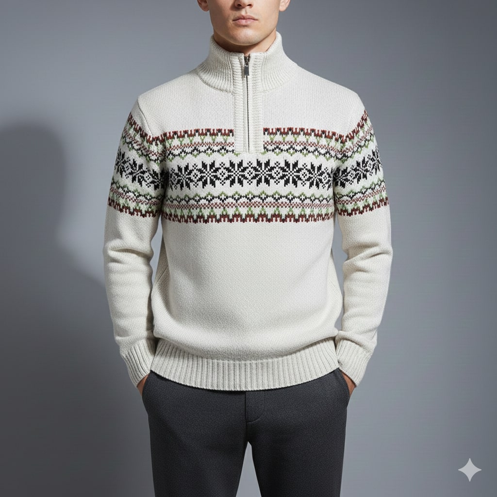 Cris Men's Wool-Blend Quarter-Zip Christmas Sweater with Festive Pattern