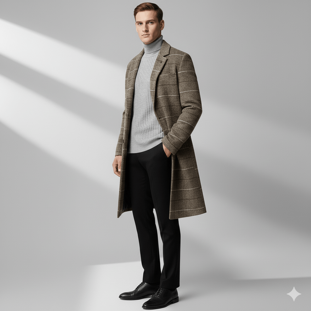Aldric Men's Windowpane Wool Overcoat – Structured Mid-Length Design