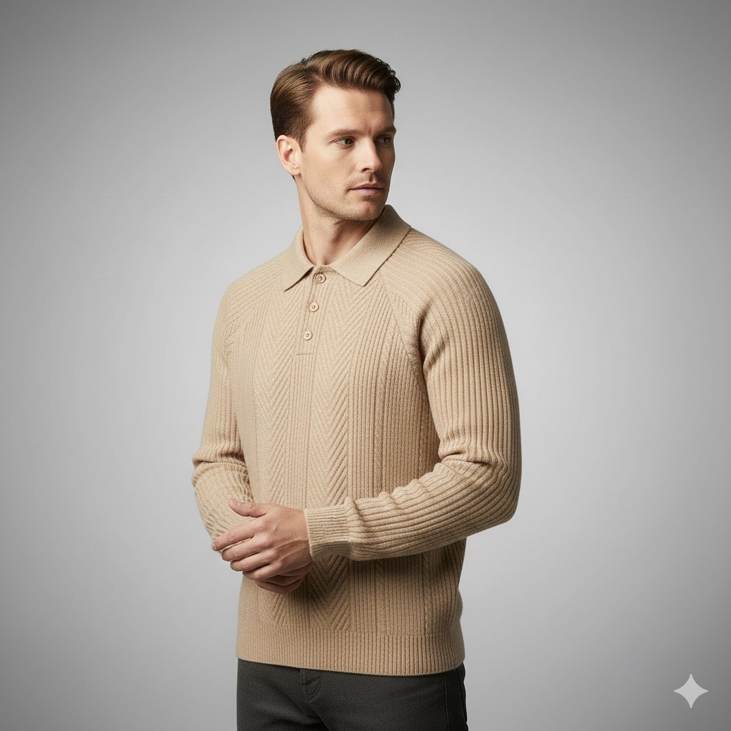 Franco Men's Herringbone Knit Polo Sweater with Structured Collar Pullover