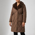 Briggitte Women's Quilted Long Winter Coat with Fur Collar & Adjustable Waist