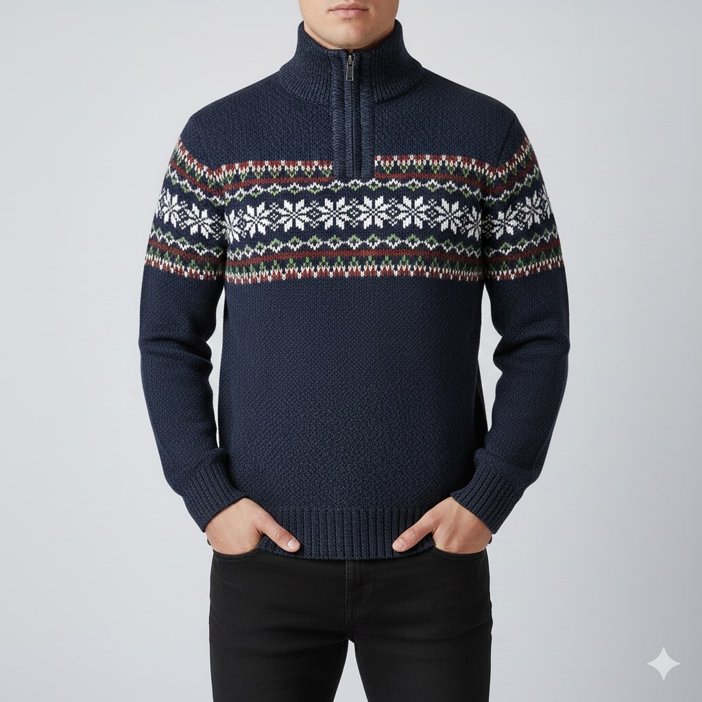 Cris Men's Wool-Blend Quarter-Zip Christmas Sweater with Festive Pattern