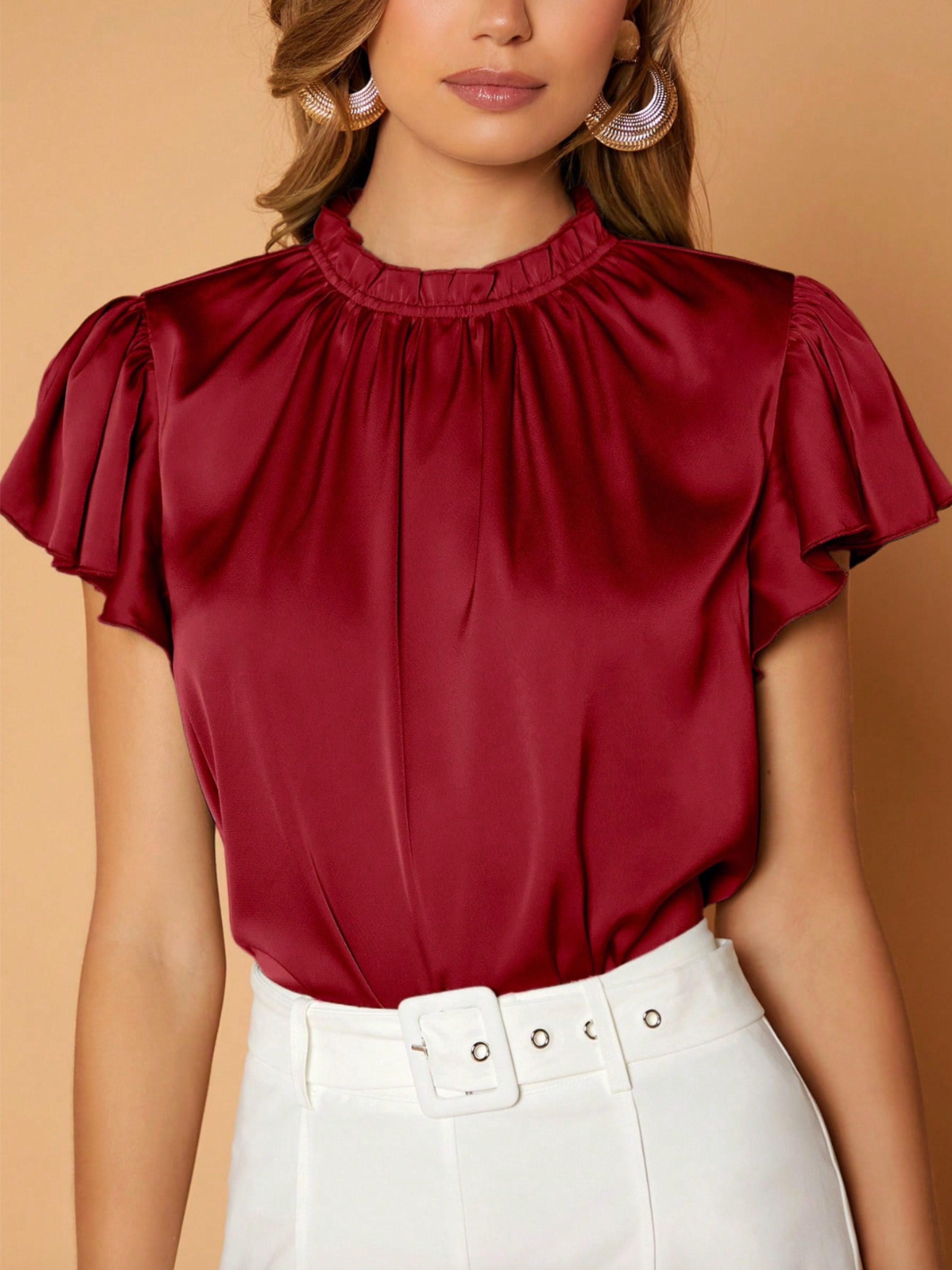 Camille Satin Drape Blouse – Stylish Puff Sleeve Top with Gathered Neck