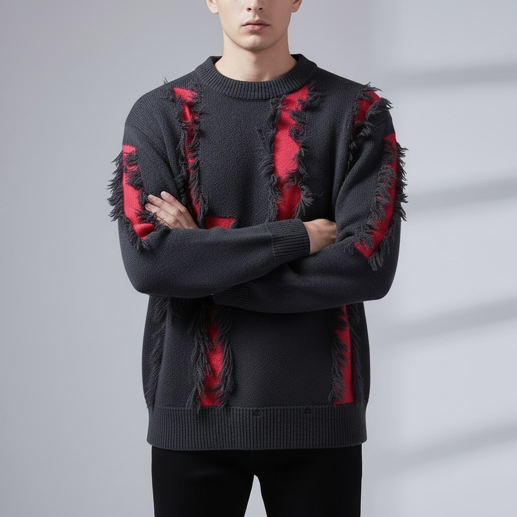 Aiden Men's Distressed Sweater – Textured Knit Pullover with Bold Frayed Accents