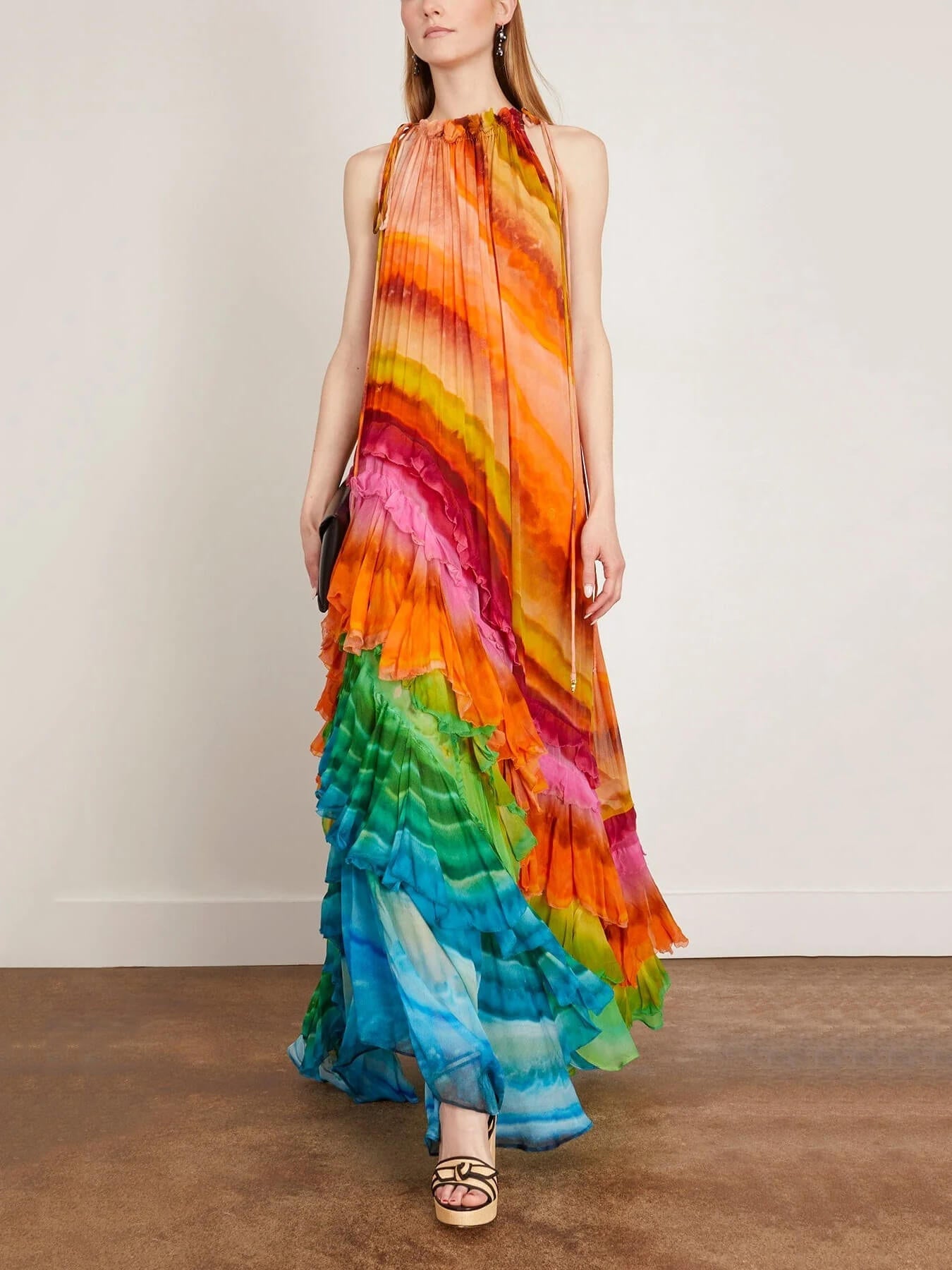 Iris Tie Dye Ruffle Gown – Halter Neck Multicolored Georgette Maxi Dress