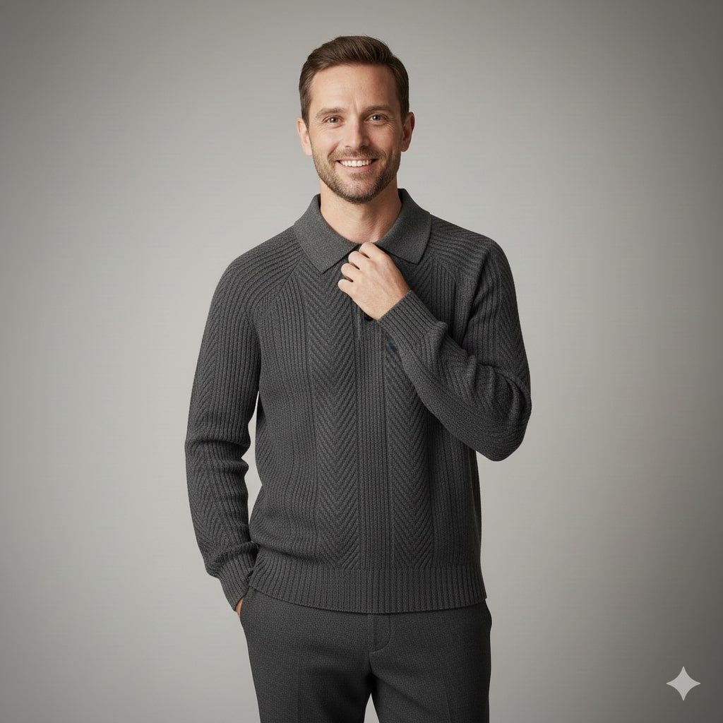 Franco Men's Herringbone Knit Polo Sweater with Structured Collar Pullover