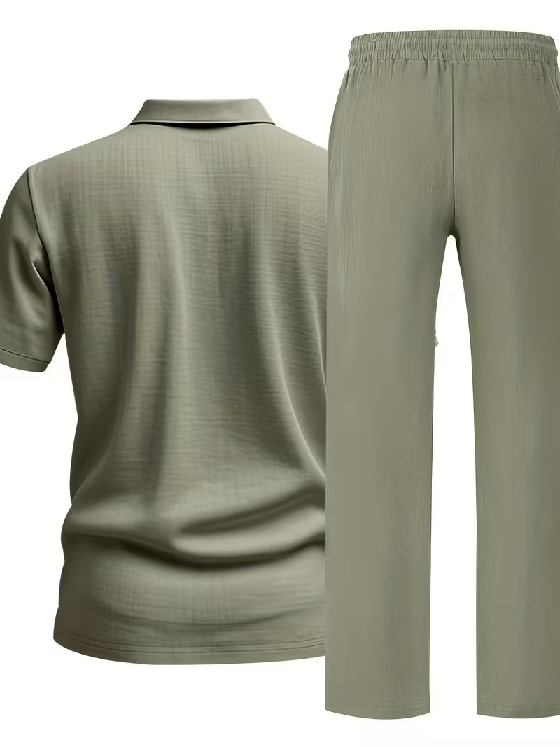 Thomas Textured Linen Polo Set – Relaxed Fit Drawstring Wide-Leg Loungewear